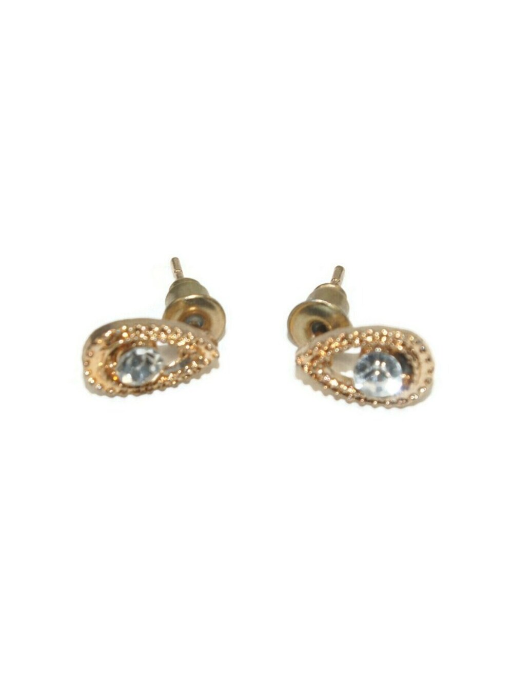 Small Vintage Gold Tone and CZ Teardrop Stud Earrings with Post Backs.
